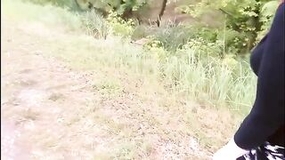 An Asian girl is getting fucked outdoors by the first comer