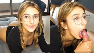 The cute girl receives a big warm throat pie after deepthroating