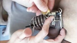 Femdom milking with chastity e-stim and prostate play