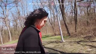 A girl is having fun with a guy in the nature park