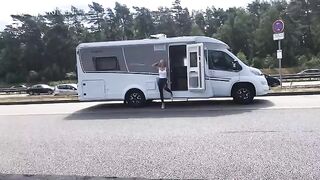 Public Cumshot on the A1 Motorway in Wetlook Leggings