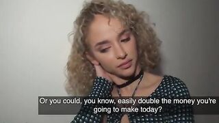 Petite Spanish babe gets banged by stranger in the hallway for cash