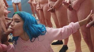 Min Galilea swallows 64 huge cumshots in an intense bukkake scene