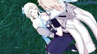 Aether and Futa Lumine fucked Paimon in the meadow at night - Genshin Impact Hentai