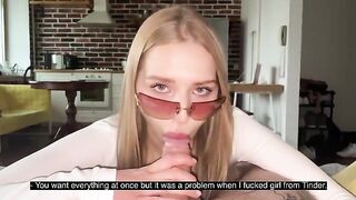 Nice babe has sex with her boyfriend and gets cum on her glasses