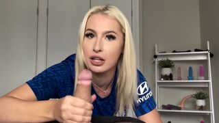 A petite blondie is rewarded with intense action after winning a trophy