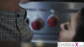 Cute couple having sensual sex in the kitchen - EroticAx