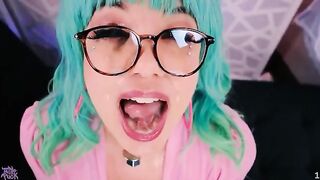 Facials for the beautiful nerdy girl Little Puck, cum on her glasses