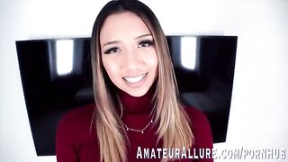 The tall girl Kimora Quin swallows cock with pleasure, showcasing her stunning 5’10” frame and sultry charisma