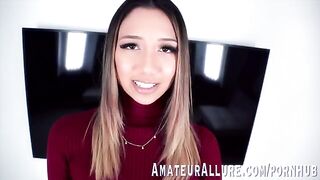 The tall girl Kimora Quin swallows cock with pleasure, showcasing her stunning 5’10” frame and sultry charisma