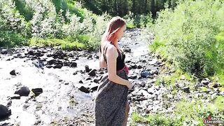 A cute teen redhead wanted to have sex and a creampie outdoors