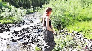 A cute teen redhead wanted to have sex and a creampie outdoors