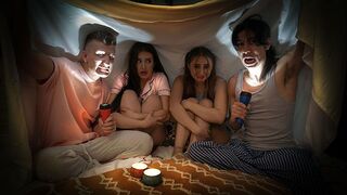 Naughty boys tell spooky story to scare and fuck Aubrey and Penelope in a steamy swap