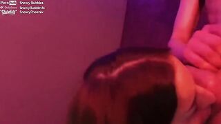 The face of the girl is completely covered with sperm after a messy blowjob