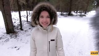 A pretty girl gets fucked outdoors even in winter - Cum on her face POV