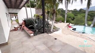Girl has fun with her boyfriend and his stepsister in the pool