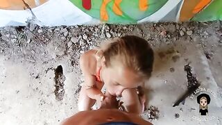 The cute girl has sex with a guy in an abandoned building
