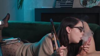 Girl in glasses smokes and sucks cock while I eat her pussy in 69