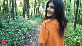 A girl on a walk in the forest got hungry and met a guy to get sperm