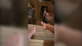The guy masturbates in sauna and gets fucked by a hot babe