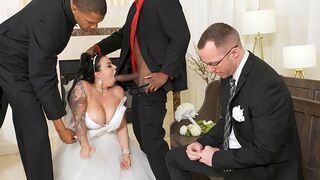 Payton Preslee's wedding turns rough with an interracial threesome, showcasing her busty charm and love for rough sex