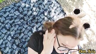 Hot schoolgirl gets a lot of cum on her face and hair