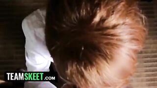 The innocent housekeeper, a red-haired beauty, gets caught up in a steamy scenario