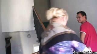 Old granny with freckles and big tits enjoys riding cock