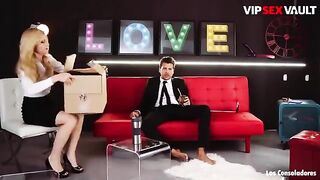 Petite brunette Claudia Bavel gets introduced to a new way of making love on camera