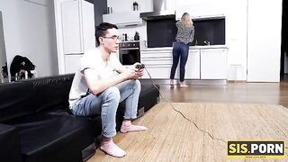 The girl with small boobs has sex with her stepbrother, a gamer