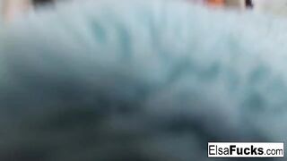 A hot small-breasted blonde, Elsa Jean, rubs her pussy in a sensual solo scene