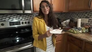 My stepmom, a real stunner, wakes me up with a bang in the kitchen