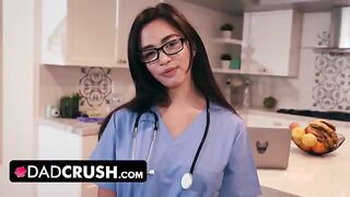A cute nurse stepdaughter, Scarlett Alexis, tests her stepdad’s willpower in a steamy scenario