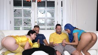 Two stepdaughters in sexy costumes, getting intimate with their daddies