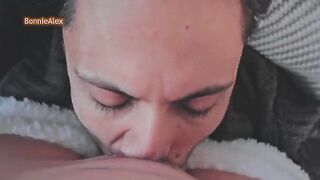 The couple has passionate sex in pajamas, with intense pussy licking and a creamy finish