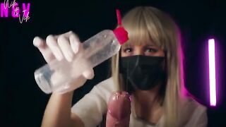 A crazy nurse in latex gives an incredible handjob that brings two orgasms