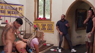 Busty housekeeper gets fucked hard by a group of young college frat boys in a wild scene