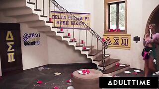 Busty housekeeper gets fucked hard by a group of young college frat boys in a wild scene