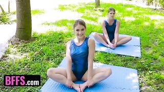 Gymnast Katie Kush and Kenzie Madison get their holes stretched