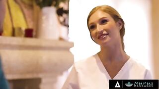 The busty redhead Skylar Snow gets her tits fucked and spread for a happy client in a steamy Nuru Massage scene