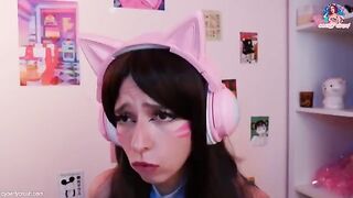 Overwatch cosplay with a hot girl playing while getting intimate, featuring Dva