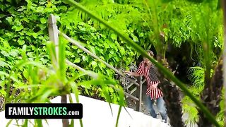 Two teenage babes painting their tits for 4th of July, caught in a taboo scene