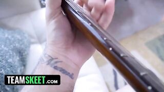 Two step sisters, Demi Sutra and Evelin Stone, are sharing their boyfriend’s dick in a steamy scene