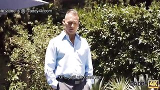 A cute girl is fucking with boyfriends’ dad by the pool in a steamy scene