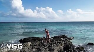 Nude beauty has sex with a guy on the beach