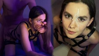 Hot brunette with a harness, sucking and jumping on my dick - look at her beautiful cum face
