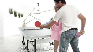 The guy beat the overconfident blonde babe in ping-pong and fucked her hard