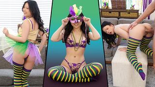 Petite Lulu Chu gets her pussy railed on Mardi Gras, showcasing her flexibility