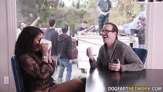 Ebony babe Paris The Muse gets her mouth full of ten huge white dicks in a wild bukkake scene