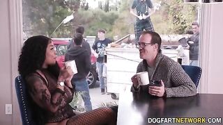 Ebony babe Paris The Muse gets her mouth full of ten huge white dicks in a wild bukkake scene
